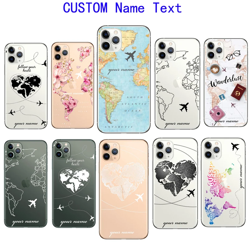 

Personalized Custom Text Name World Map Soft Tpu Phone Case For iphone X XR XS 6 6S 7 8 Plus 5 9 SE2 11 Pro MAX Cover