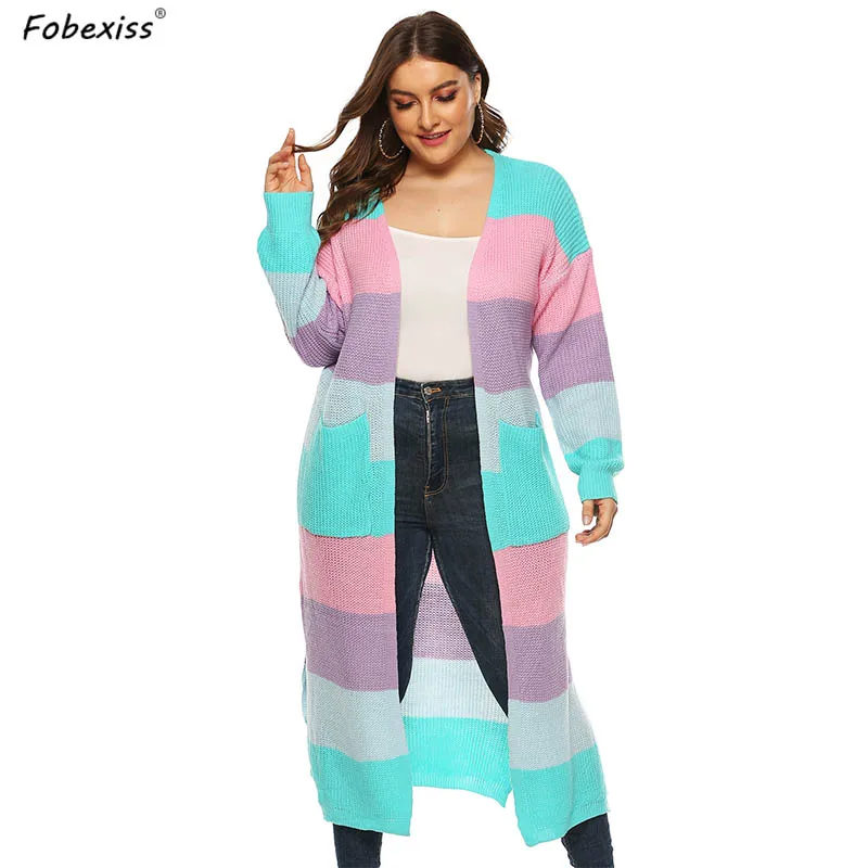 

Pink Blue Striped Plus Size Long Cardigan Woman Thin Long Sleeve Knitted Sweater Casual Coats 2020 Fashion Autumn Cardigan Women