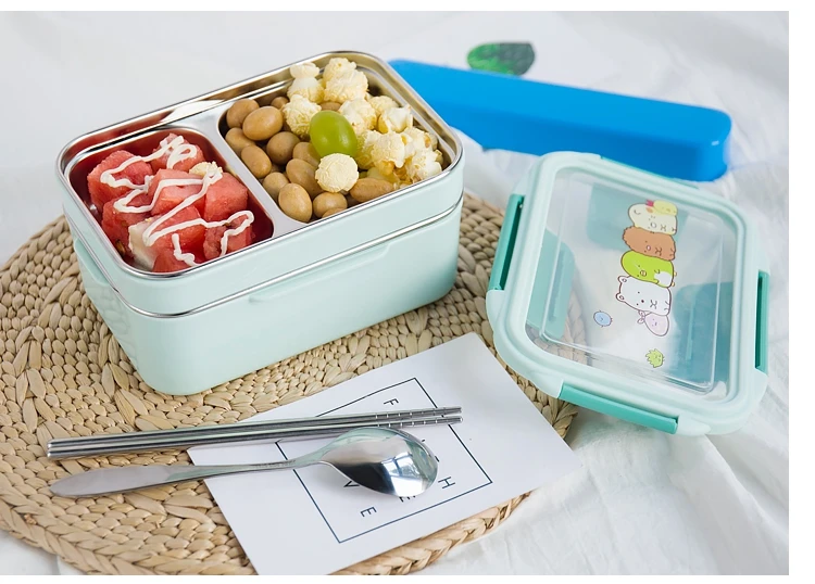 Коробка для обедов с мультипликацией из нержавеющей стали, двухслойный контейнер для еды, портативный для детей, для пикника, школы, Bento Box