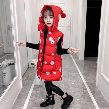 

Winter Child Cotton Waistcoat Dot Print Children Outerwear Girls Hooded Coats Vest Fashion Warm Cotton Teen Girl Vest Jacket
