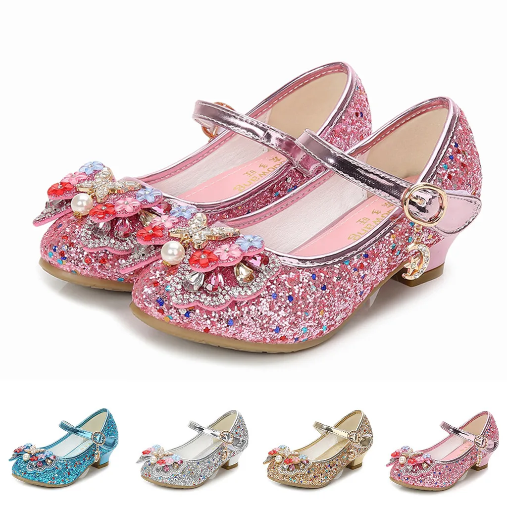 Обувь на высоком каблуке с жемчугом для девочек; блестящая обувь принцессы; детская обувь из лакированной кожи с блестками; детская Праздничная Свадебная обувь с кристаллами; блестящая танцевальная обувь