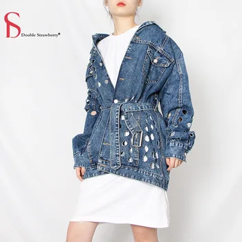 

Double Strawbrry Autumn New Style Denim Jacket Women Hollowed Holes and Wild Belt-breasted Jeans Casual Loose Jackets