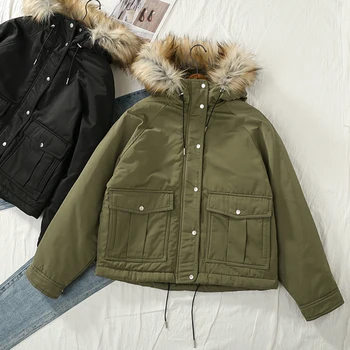 

Short Winter Jacket Warm Coat Women Plus Size Parka Big Pocket Down Jacket For Women Hooded Cotton-padded Outerwear