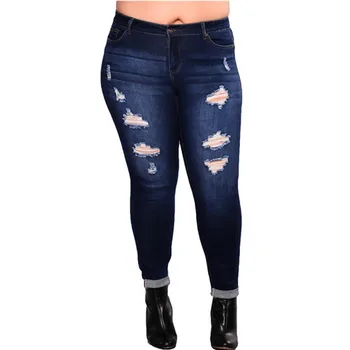 

fall/winter Women's Casual Jeans Cotton obesity Plus size Stretch Fabric Women's Ripped Out Outdoor Fashion Style Fat Sister