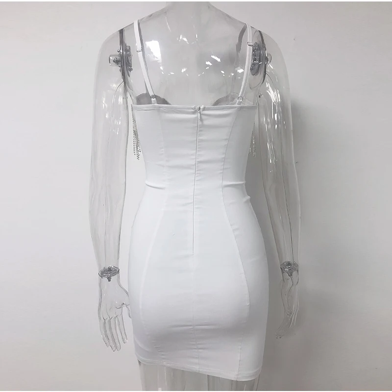 Tassel Sequin Dress Women Diamond Fringe Deep V-neck Underwired Sexy Dresses Woman Party Night Club Bodyocn Dress White