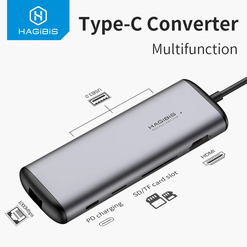 

Hagibis USB C HUB USB to Multi HDMI USB 3.0 RJ45 Carder Reader PD Adapter Type C USB 3.0 hub dock video Converter for Macbook