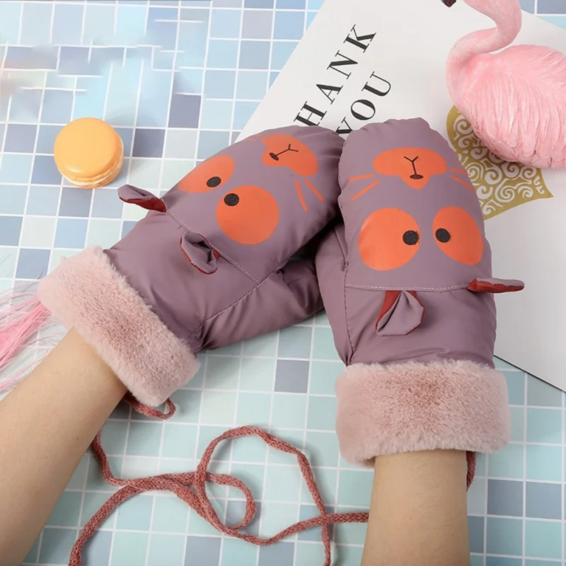 Милый картонный кролик мех детские перчатки плюшевая подкладка согреться прекрасные наручные перчатки для студентов зима