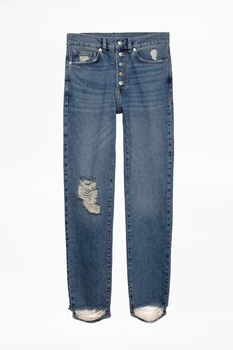 

Loose hole cotton women jeans letters printed trousers straight jeans