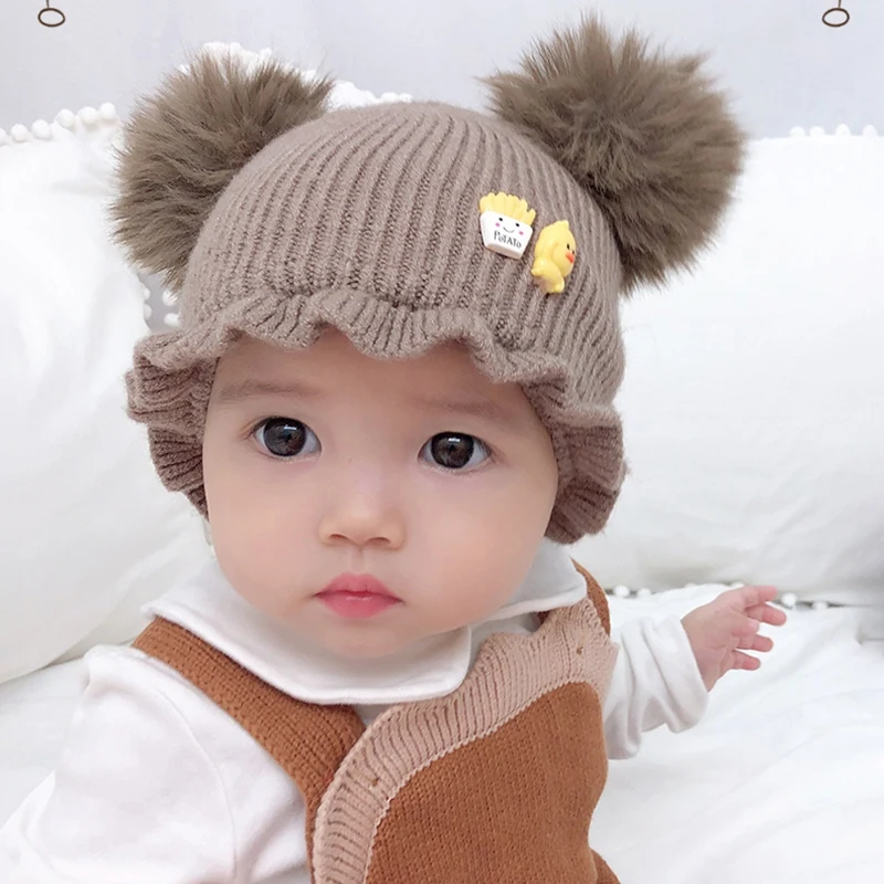 

New Newborn Baby Hat Autumn Winter Warm Knitted Cute Cap For Girls Boys Furry Balls Pompon Solid Cute Lovely Beanie Cap Gifts