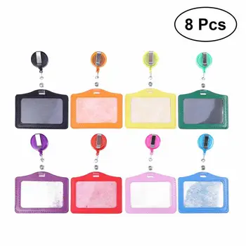 

8pcs Transverse Style PU Leather ID Badge Holder Pass Card Pouch Case with Retractable Pull Clip for School Office Company