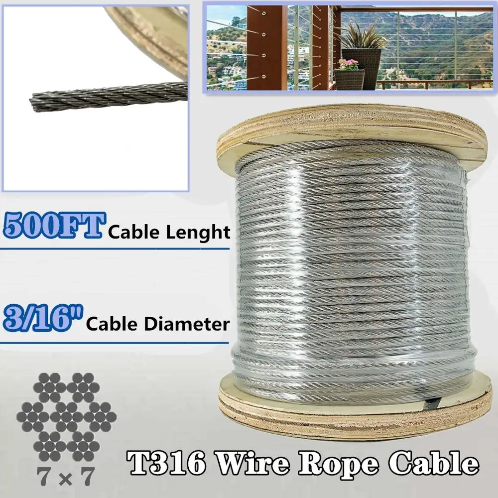 

T316 3/16" Stainless Steel Cable Railing Rope Wire 7x7 Type 500ft Steel Wire Rope Cable Railing 3/16 Inch for Railing Decking