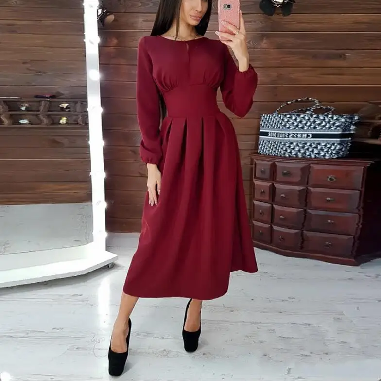Women Vintage Hollow Out A-line Party Long Dress Long Sleeve O neck Solid Elegant Casual Dress Autumn New Fashion Dress