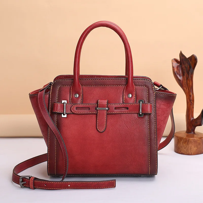 New ladies handbag head leather retro leather women's bag solid-color fashion one-shoulder tote bag