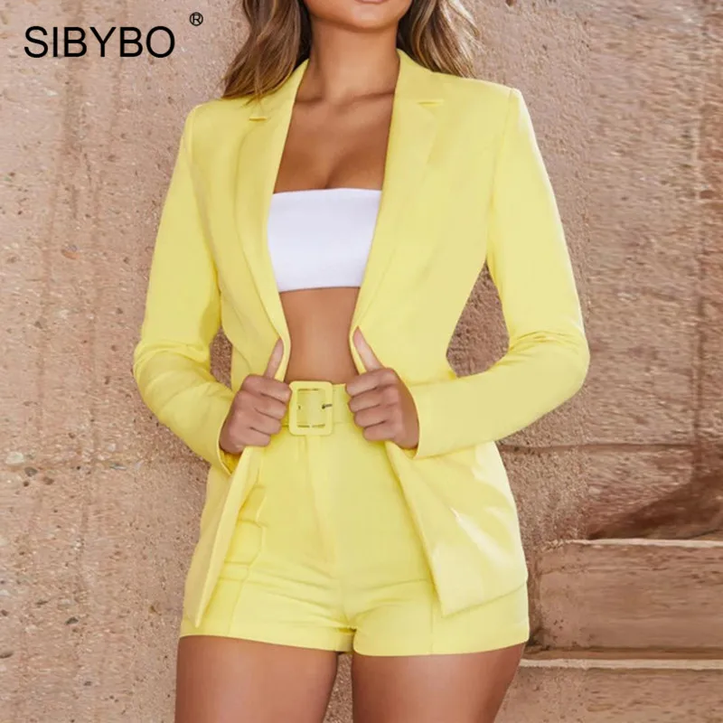 Цвет: желтый SIBYBO/осенний Женский блейзер с высокой талией и шорты, комплект с длинными рукавами, с открытым стежком, повседневный комплект из двух предметов, женские пояса, повседневный Женский комплект - Цвет: Цвет: желтый