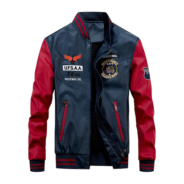 Кожаная куртка с вышивкой для мужчин, бейсбольные куртки для мотоциклистов, мужская верхняя одежда, Флисовая теплая куртка из искусственной кожи, большие размеры, M-4XL - Цвет: 2