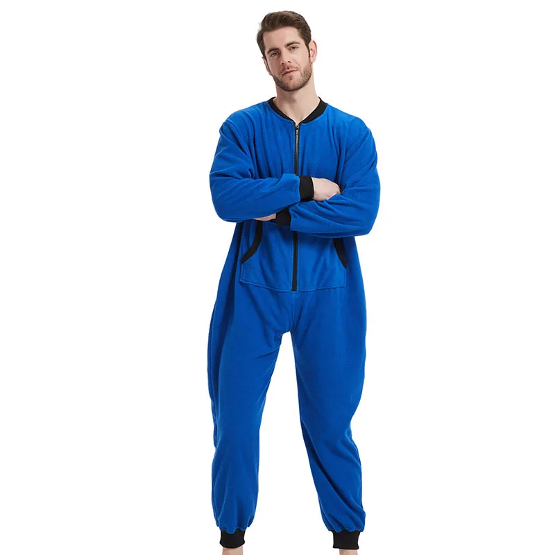 Men Sleepwear Jumsuits Non Hooded Pockets Zipper Onesies One Piece