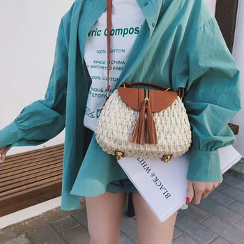 

Retro Handmade Woven Rattan Women's Shoulder Bags Ladies Tassel Knitting Straw Beach Messenger Bags Summer Bohemian Handbags New