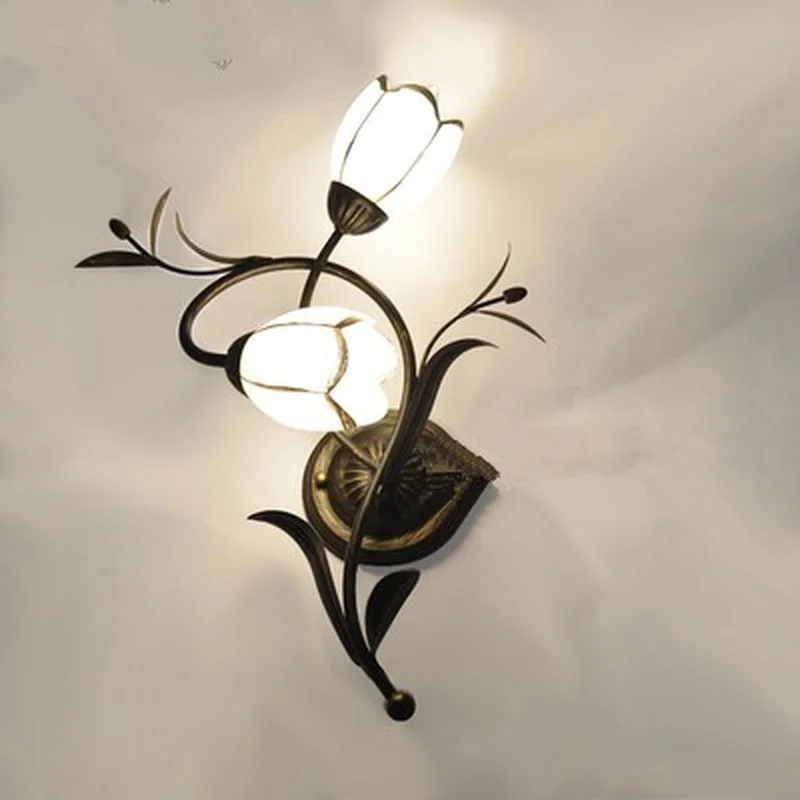 

White Flowers Vintage Iron Wall lamps Living Room Decorative Wall Lamp Dining Room Wall Lights Bedroom Frosted Glass Wall Sconce