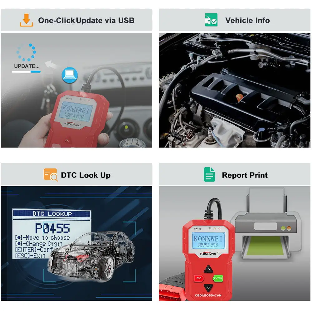 KONNWEI KW590 универсальный OBD2 сканер автомобильный код ридер автомобильный OBD2 сканер Поддержка мульти-брендов автомобилей и языков