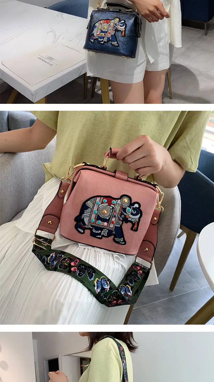 Vintage Embroidery Elephant Bag Bags Wide Butterfly Strap PU Leather Chain Women Shoulder Crossbody Bag Tote Women's Handbags