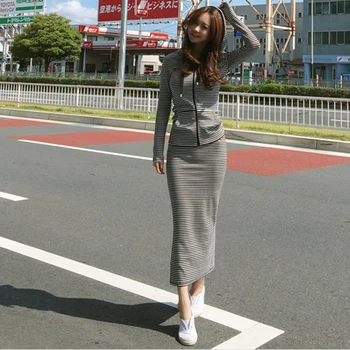 

Fashion women temperament comfortable hooded t-shirt new arrival elegant pencil skirt High elasticity striped 2 pieces women set