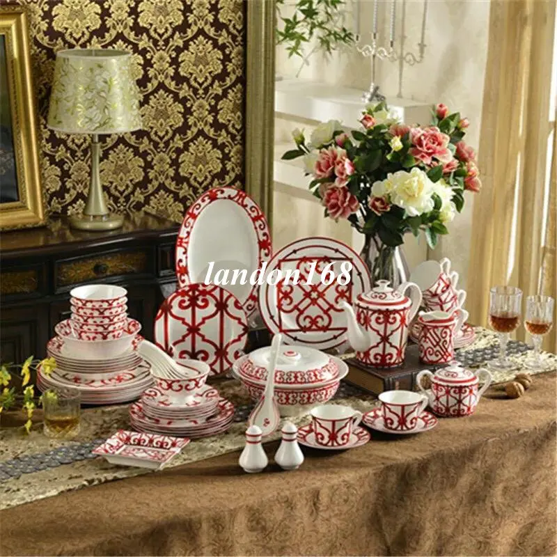 

Bone china western style dinner set 58pcs ceramic plates set tableware set Ceramic dinnerware cups and saucers set Gift