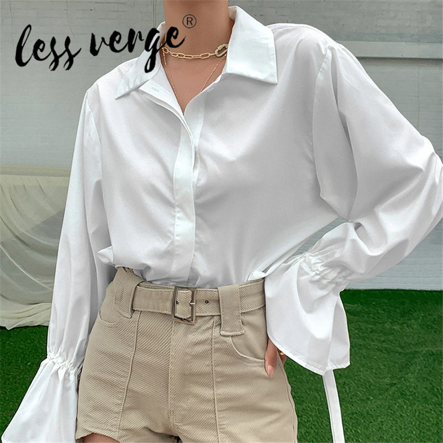 

Lessverge 2020 New Female Long Sleeve Lace Up Single Breasted Solid Color Chic Blouse Loose Streetwear Women Shirts