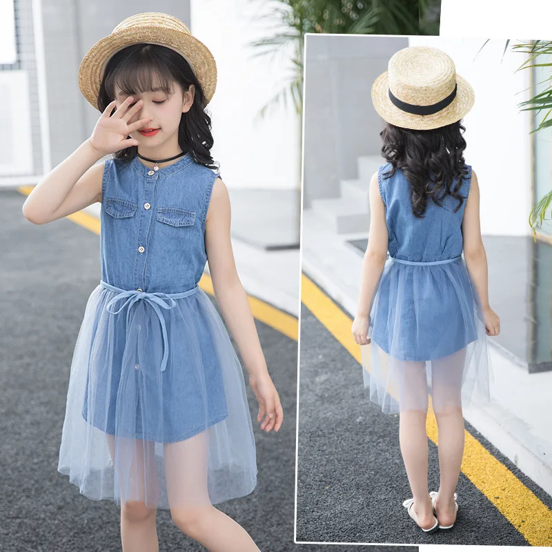 New Girls Dresses in Kids Summer 2019 Solid Blue Jeans Clothes Cotton Sleeveless Party Dress Baby Children Clothing 3-14T | Детская