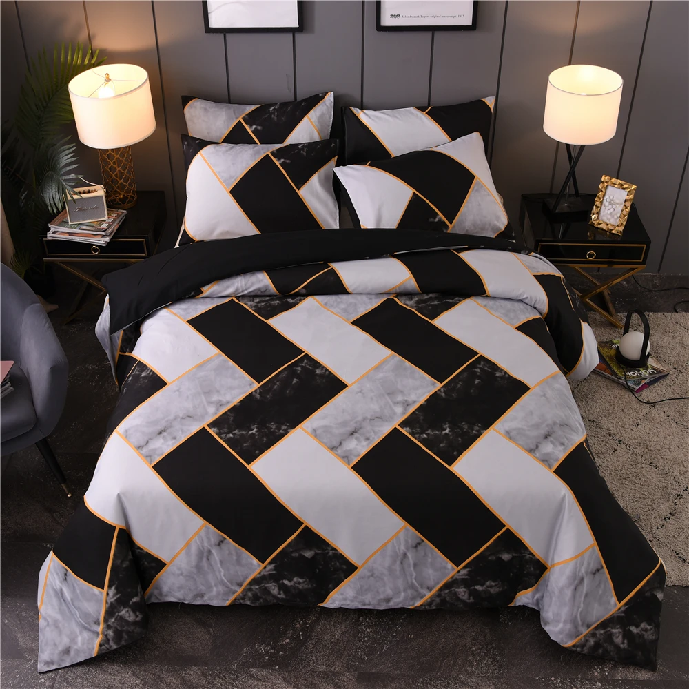 

Modern Bed Linens Set Rectangle Marble Black Pillowcase Digital Printing Nordic Bedclothes Duvet Cover Set Adults Bedding Set