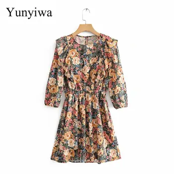 

New Women High Street Ruffles Flower Print Casual Slim Mini Dress Elegant Lady Elastic Waist Vestidos Chic Party Dresses