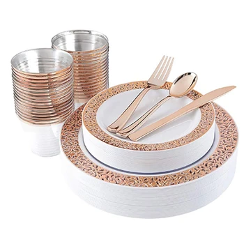 

25 Sets of Rose Gold Cup Plastic Dish Fork Knife Spoon Disposable Transparent Tableware Set Party Supplies