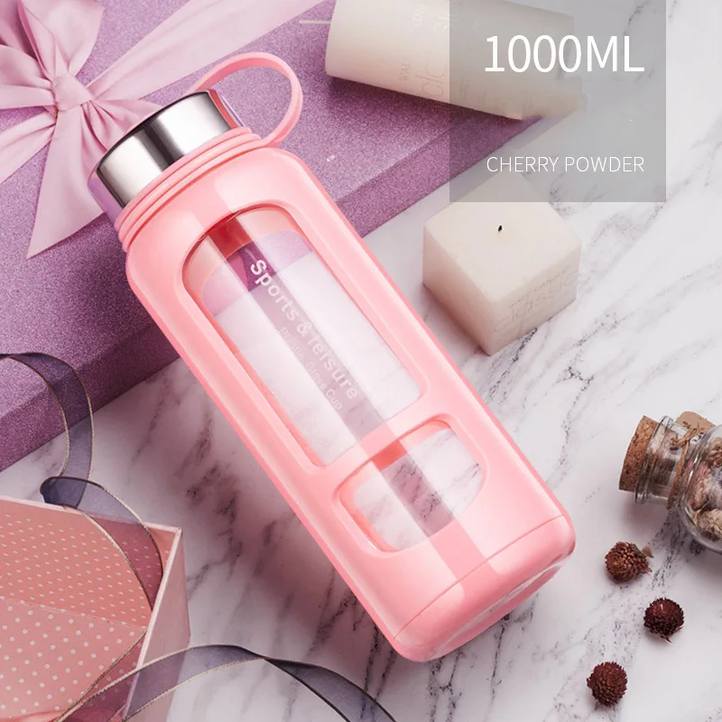 JOUDOO 700 мл 1000 мл портативные стеклянные бутылки для воды открытая космическая бутылка Спортивная бутылка для воды герметичная велосипедная альпинистская Подарочная 35 - Цвет: pink 1000ml