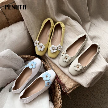 

2020 PENUTA Boat Shoes Women Genuine Leather Flat Shoes With Flower Ladies Oxford Moccasins Slip On Women Shoes New Design F0011