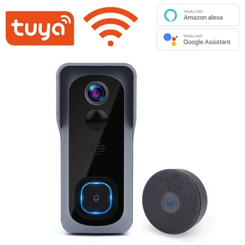 투야 무선 와이파이 비디오 초인종, 배터리 포함, USB 차임, 구글 및 알렉사와 호환, 방수 초인종, 스마트 라이프, 1080P