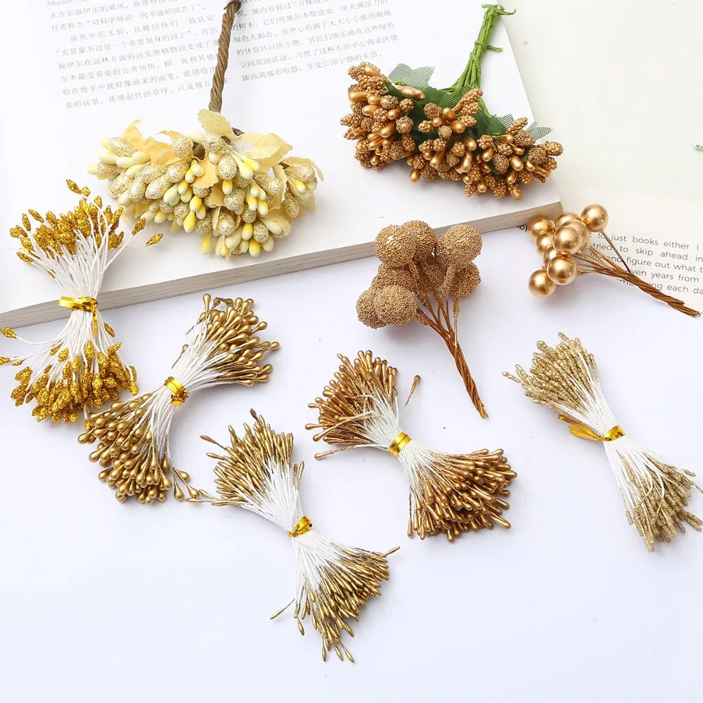 10/12/60/90/144 Stücke Gold Gemischte Hybrid Blume Kirsche Staubblatt Beeren Bündel DIY Kuchen Weihnachten Hochzeit Geschenk Box Kränze Dekoration – Detail 4
