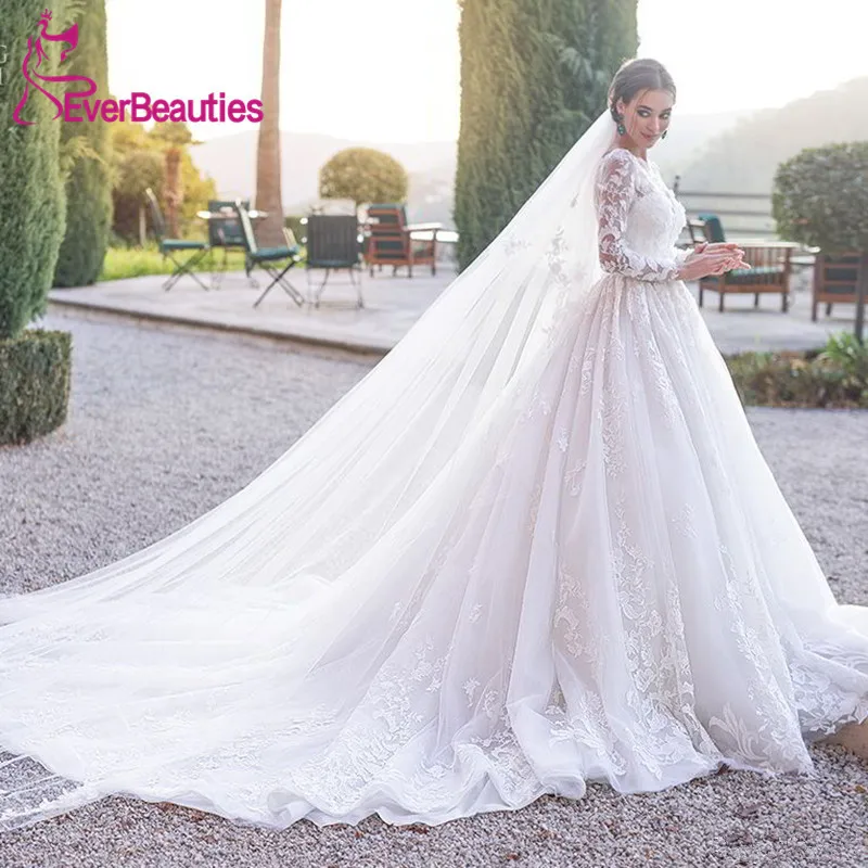 Vestido De Noiva свадебное платье с длинными рукавами, роскошное свадебное платье из тюля с аппликацией и длинным шлейфом, свадебное платье невесты