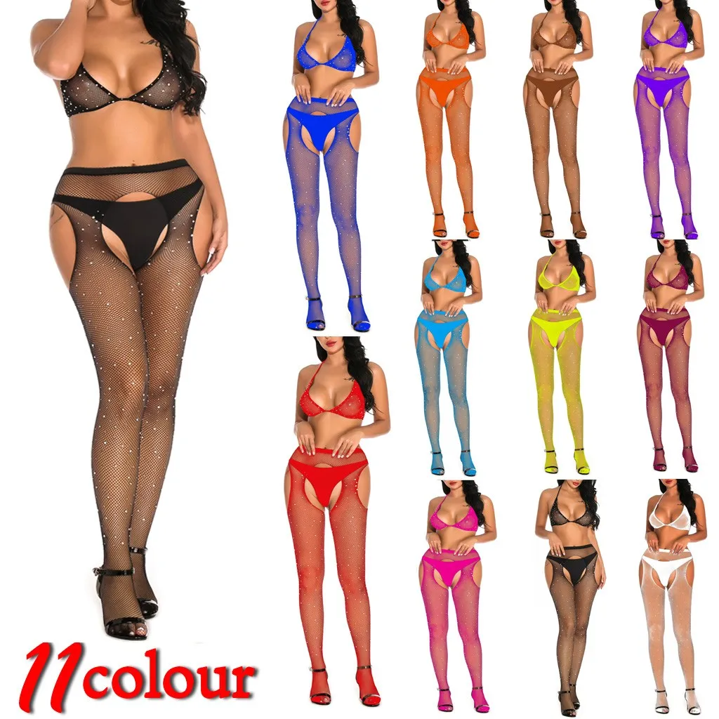 

Sexy Lingerie Women Fishnet Hollow Out Floralsexy Oil Shiny Rhinestone Pantyhose Satin Diamonds Tights Stocking +Bra Lingerie