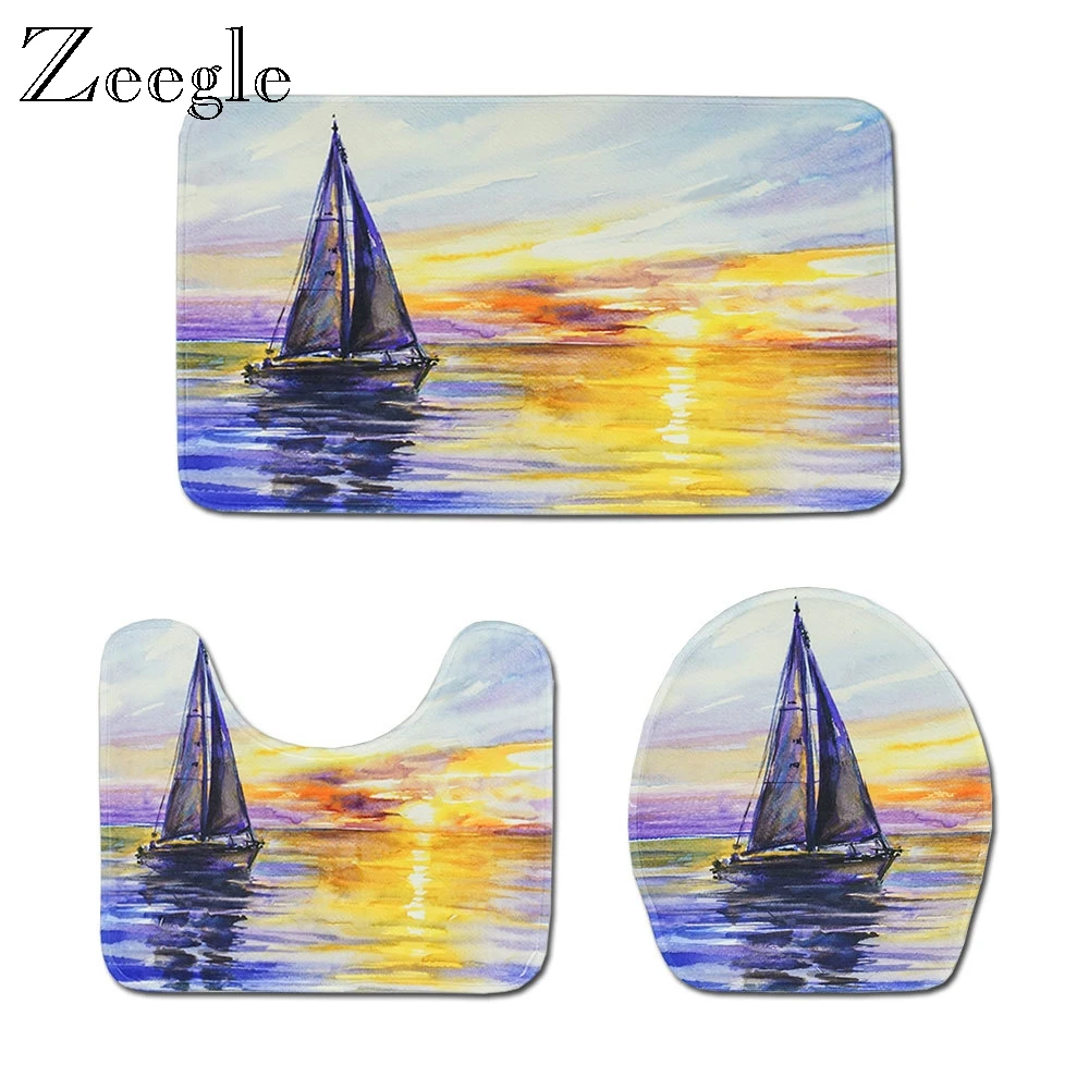 Zeegle Printed Bath Mat Set Toilet U Type Mat Lid Toilet Cover Mat Microfiber Bathroom Foot Rug Floor Carpet Bath Decoration Rug