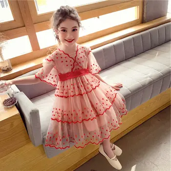 

Girls Chinese-Style Embroidered Mesh Dress Princess Summer Children's Clothing 3-9 Year Baby Girl Christmas Dress Birthday Gift