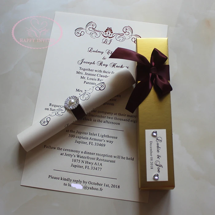 HI2052-49 Golden Scroll Invitation Card with Rhinestone Brooch