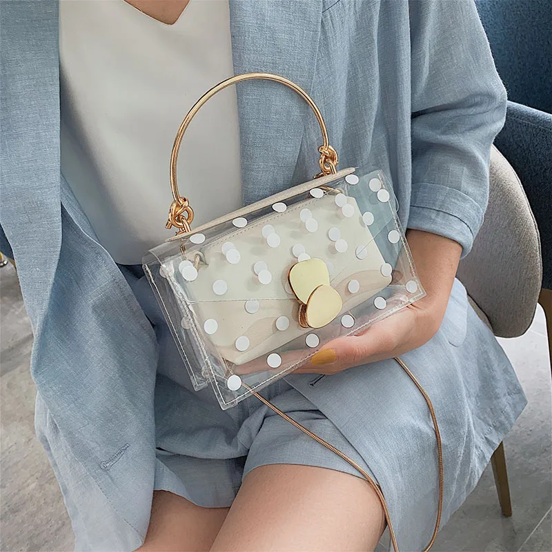 

Summer Female 2019 New Trendy Leaf Lock Slant Bag Chain Wave Point Transparent Jelly Handbag