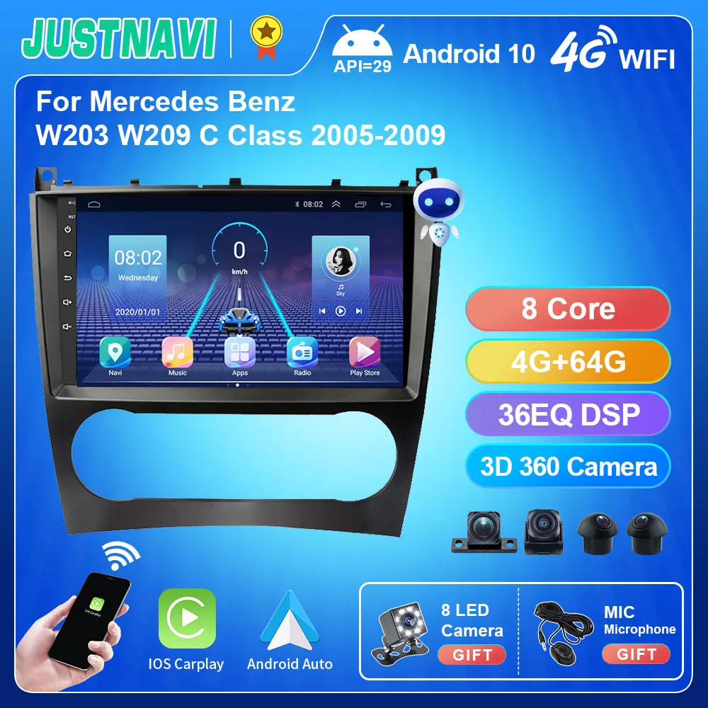 

JUSTNAVI For Mercedes Benz W203 W209 C-Class 2005 - 2009 Stereo Car Radio Android 10.0 Auto Carplay Navigation GPS Video Player