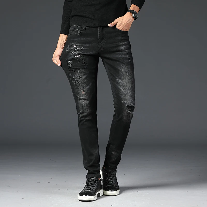JDS-9133 black Новинка, модные брендовые мужские джинсы, Ретро стиль, модные обтягивающие штаны с принтом, хип-хоп, уличные джинсы, рваные штаны, фирменный дизайн, черные - Цвет: JDS-9133 black