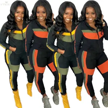 

2020 Tracksuit Women Set Hooded Zipper Full Sleeve Two Piece Set Top And Pants Patchwork Casual Pocket 2 Piece Set Women Outfits