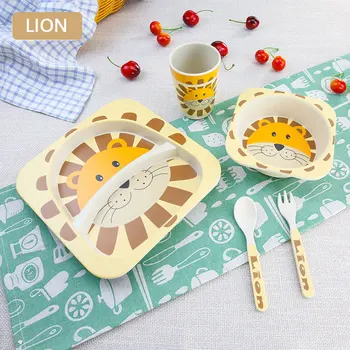 

5pcs Creative Cartoon Bowl Partition Plate Spoon Fork Cup Tableware Set Environmental Protection Bamboo Fiber Children Tableware