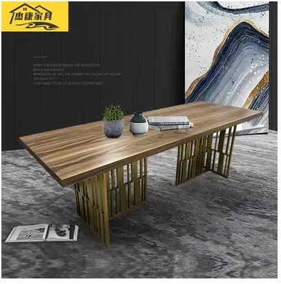 

Rock marble rectangular dining table Nordic luxury industrial style desk brushed copper post-modern stainless steel table