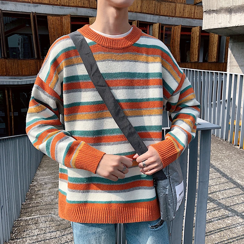 Winter Striped Sweater Men Warm Fashion Contrast Color Casual Knit Sweaters Man Sweter Clothes Loose Long-sleeved Pullover Men