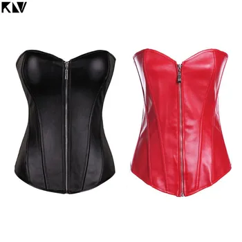 

Women Sexy Steampunk Gothic Faux Leather Boned Corset Bustier Overbust Waist Trainer Front Zipper Lace-Up Sexy Slimming Cincher