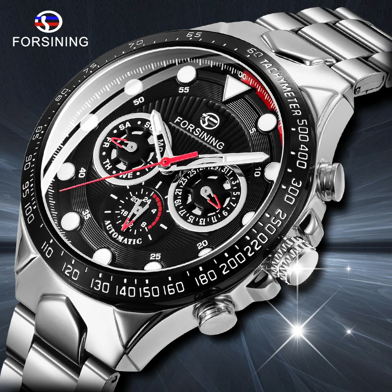 

Forsining Date Display Luminous Hands Complete Calendar Men's Automatic Watches Top Brand Luxury Silver Stainless Steel Bracelet