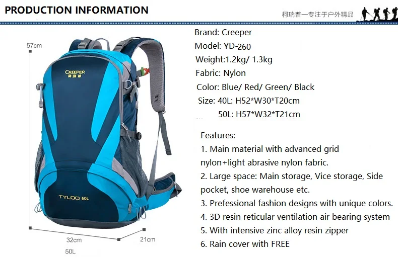 Creeper Outdoor Sports Mountaineering Backpack Camping Hiking Trekking Rucksack Travel Waterproof Cover Bike Bags